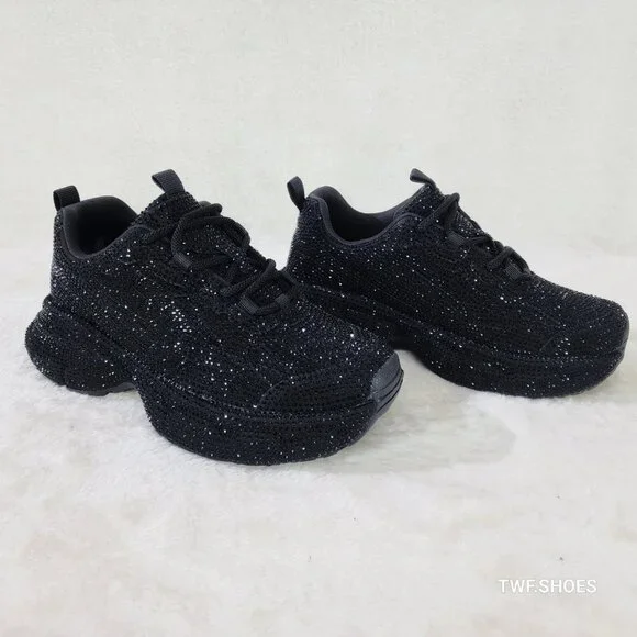 Cush Dazzle Sport Rhinestone Comfy Platform Light Weight Sneakers Black - Picture 5 of 6